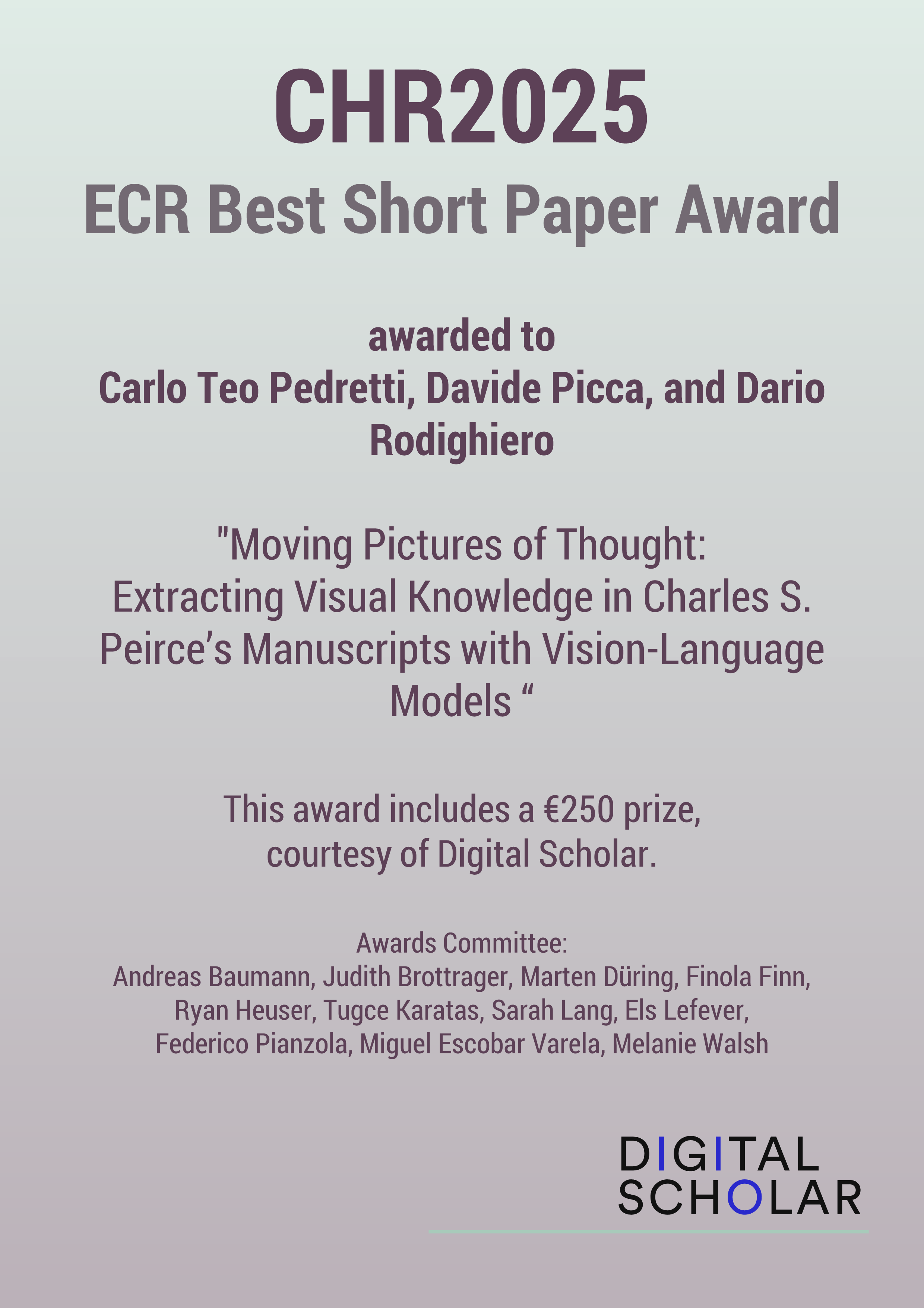 Certificate for ECR best short paper award, awarded to Carlo Teo Pedretti, Davide Picca, and Dario Rodighiero