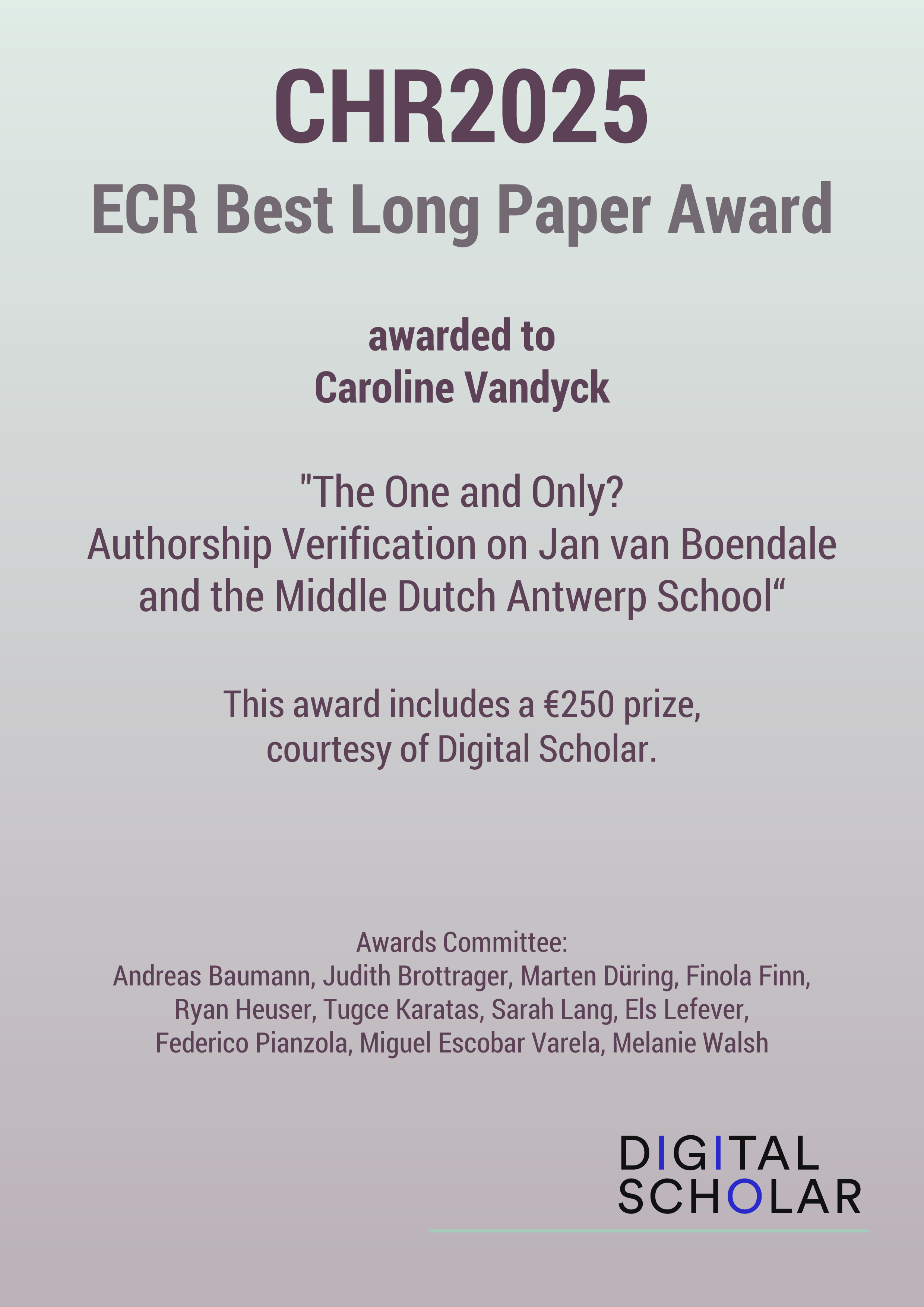 Certificate for ECR best long paper award, awarded to Caroline Vandyck
